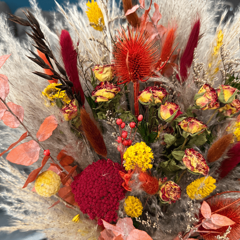 Karen Dried Flower Arrangement In Orange, Yellow, Red, Green & Natural - Pampas Tallo