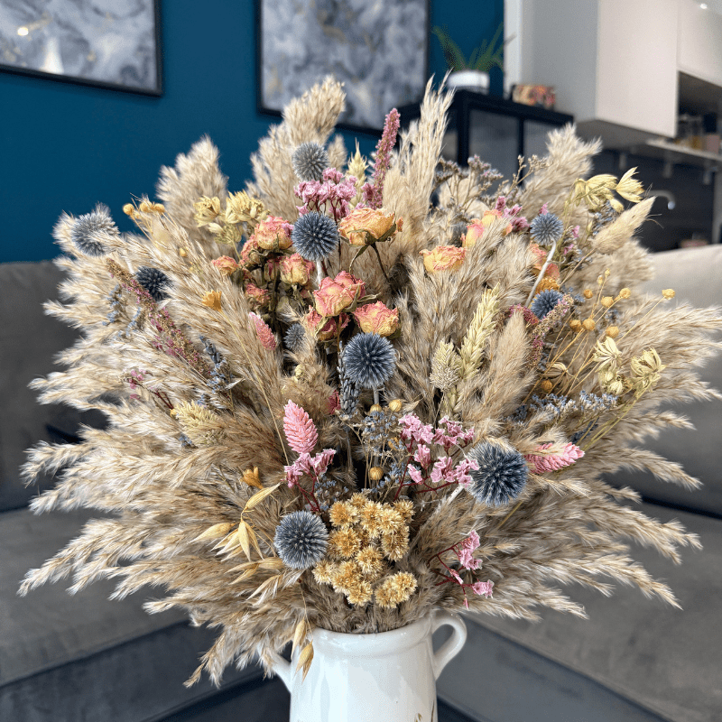 Lacey Dried Flower Arrangement In Natural, Pink, Purple & Yellow - Pampas Tallo
