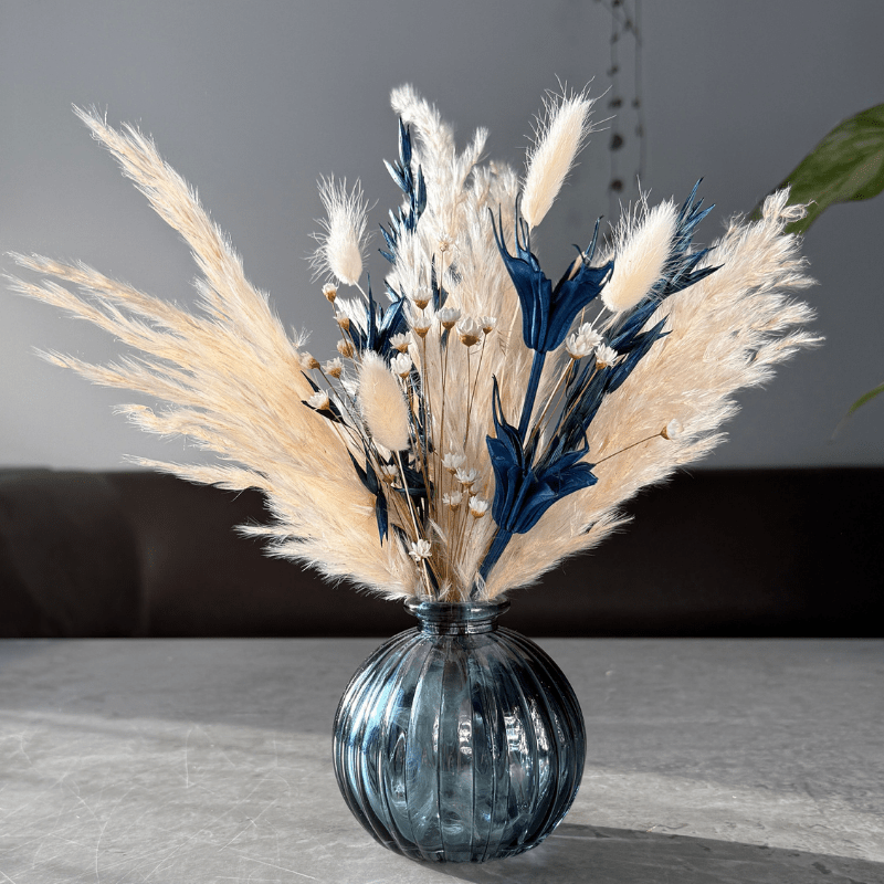 Lexi Dried Flower Arrangement In Navy, Cream & White - Pampas Tallo