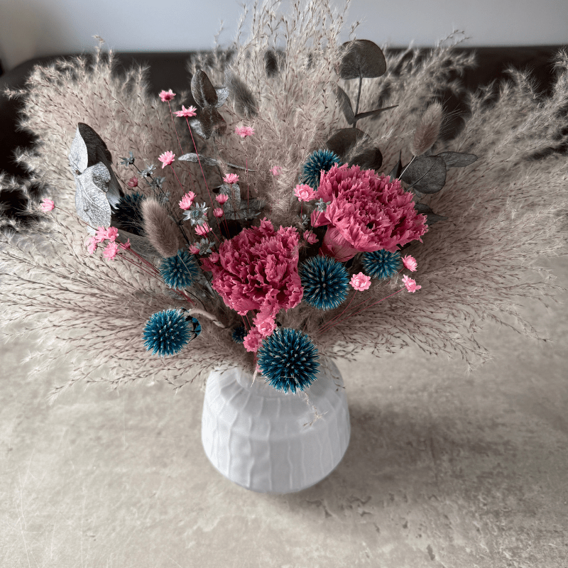 Lucy Dried Flower Arrangement In Grey, Teal & Purple - Pampas Tallo
