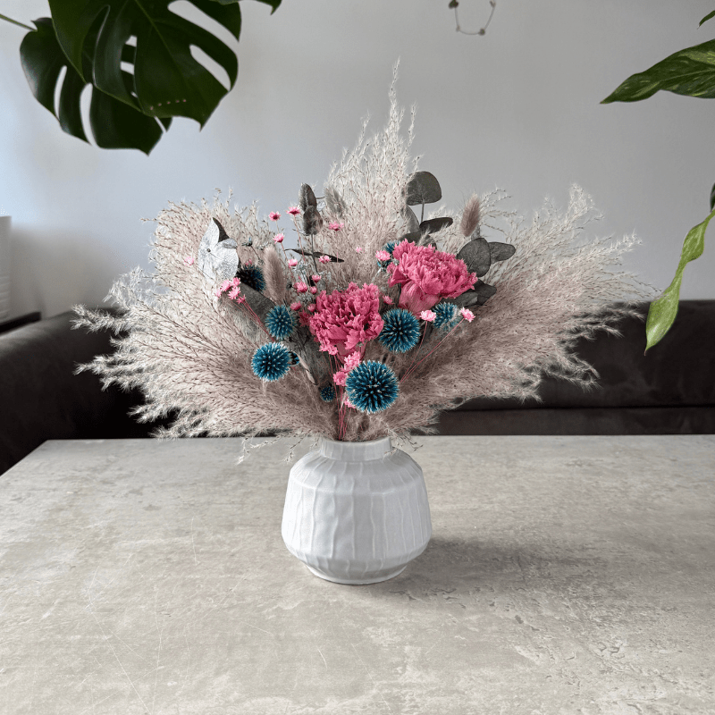 Lucy Dried Flower Arrangement In Grey, Teal & Purple - Pampas Tallo
