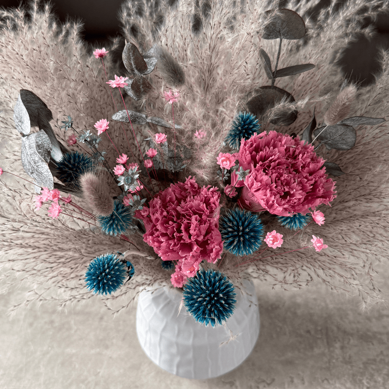 Lucy Dried Flower Arrangement In Grey, Teal & Purple - Pampas Tallo