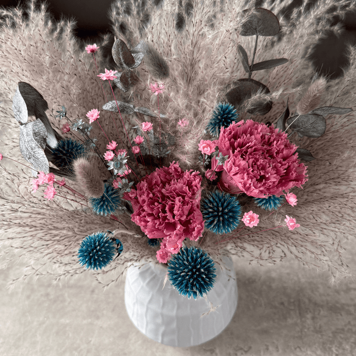 Lucy Dried Flower Arrangement In Grey, Teal & Purple - Pampas Tallo