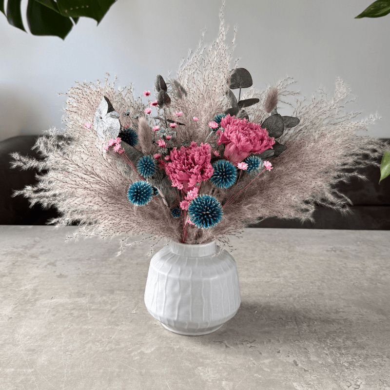 Lucy Dried Flower Arrangement In Grey, Teal & Purple - Pampas Tallo