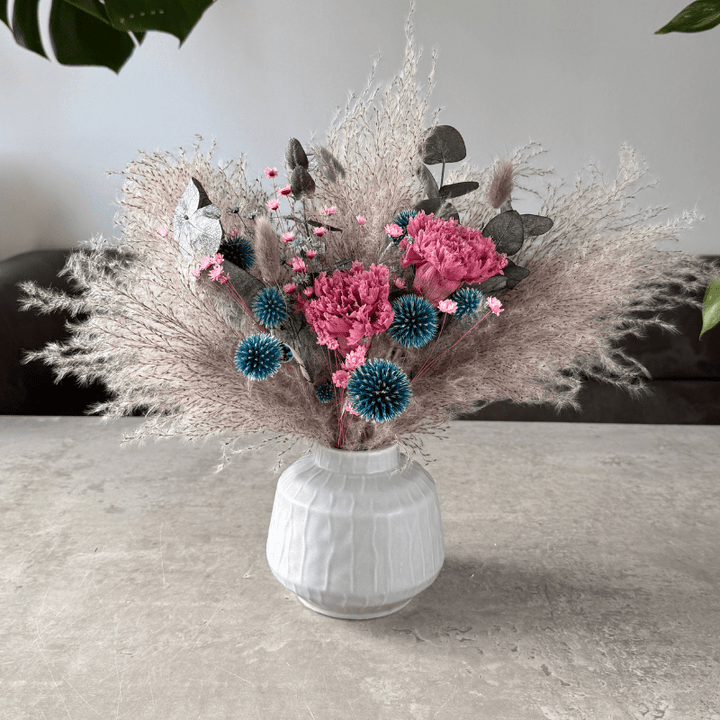 Lucy Dried Flower Arrangement In Grey, Teal & Purple - Pampas Tallo