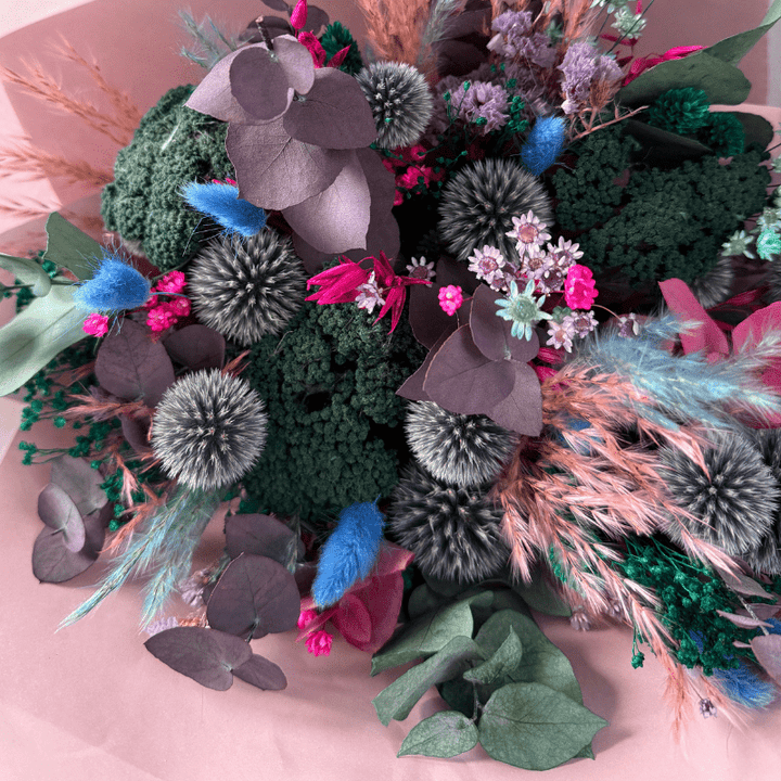 Megan Dried Flower Bouquet In Blue, Purple, Teal, Pink & Green - Pampas Tallo