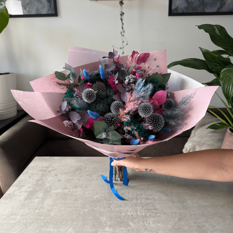 Megan Dried Flower Bouquet In Blue, Purple, Teal, Pink & Green - Pampas Tallo