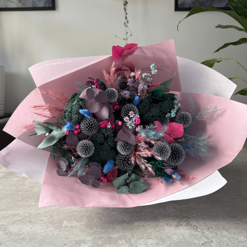 Megan Dried Flower Bouquet In Blue, Purple, Teal, Pink & Green - Pampas Tallo