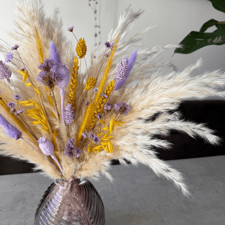 Mila Dried Flower Arrangement In Cream, Yellow & Lilac Purple - Pampas Tallo