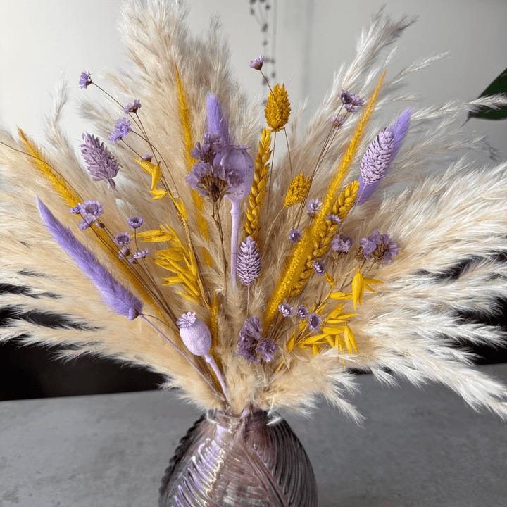 Mila Dried Flower Arrangement In Cream, Yellow & Lilac Purple - Pampas Tallo