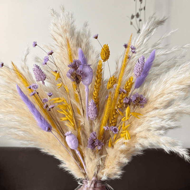 Mila Dried Flower Arrangement In Cream, Yellow & Lilac Purple - Pampas Tallo