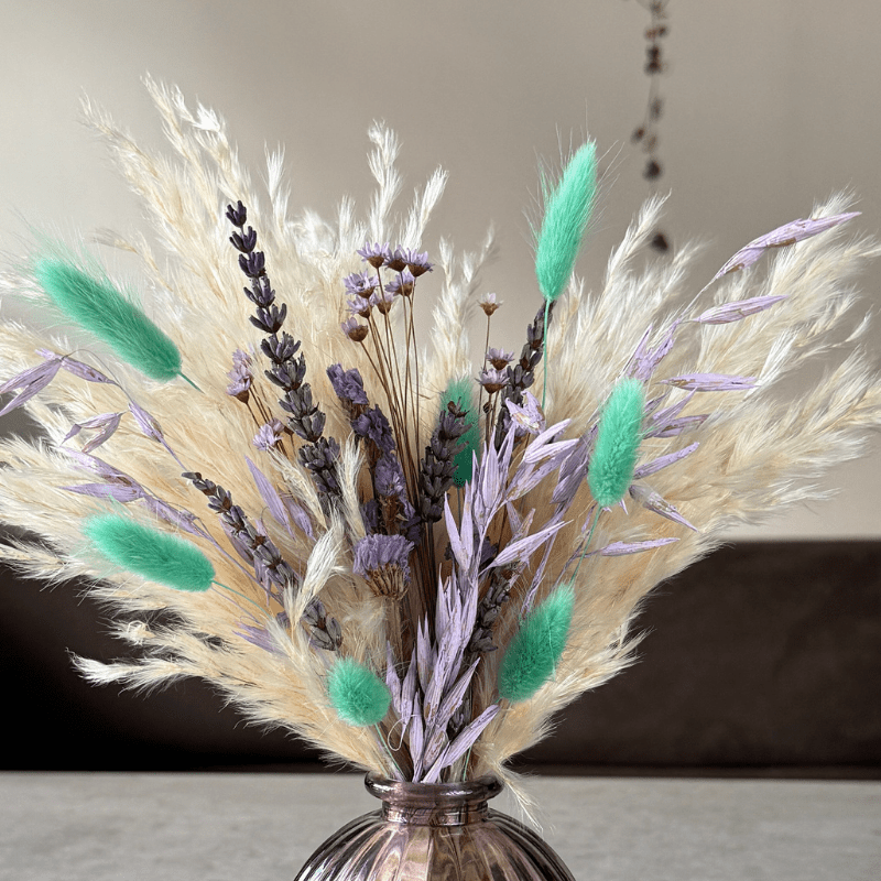 Mollie Dried Flower Arrangement In Cream, Lilac & Mint Green - Pampas Tallo