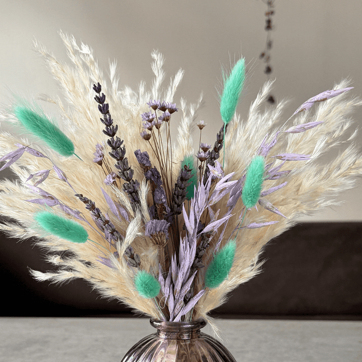 Mollie Dried Flower Arrangement In Cream, Lilac & Mint Green - Pampas Tallo