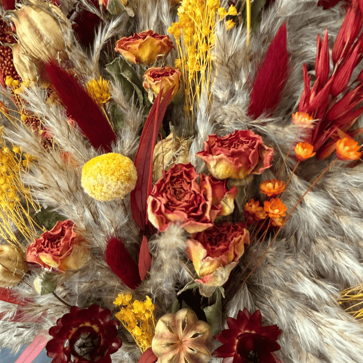 Natalie Dried Flower Arrangement In Orange, Yellow, Red & Burgundy - Pampas Tallo