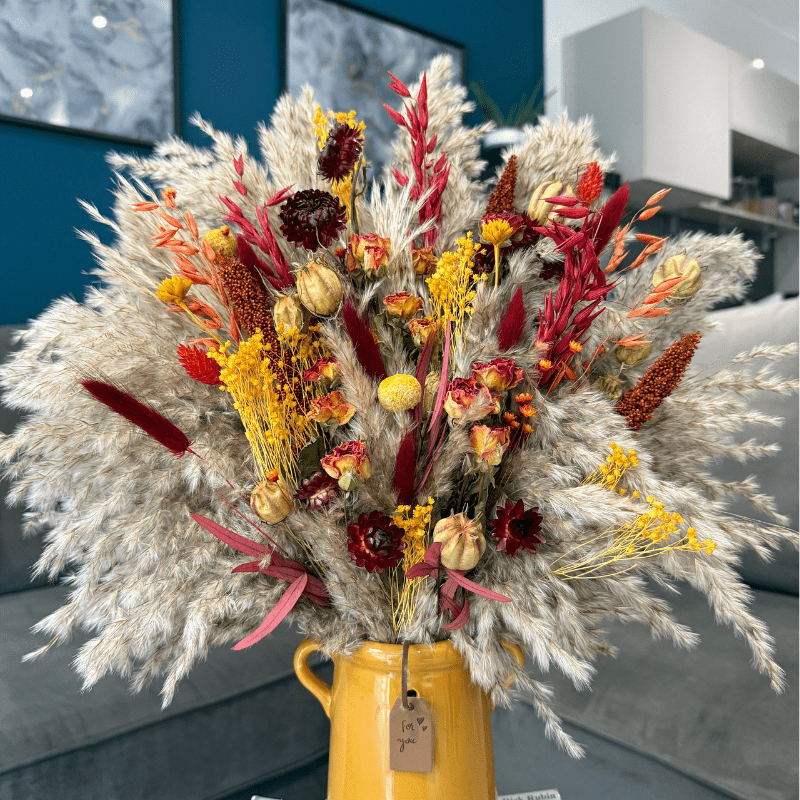 Natalie Dried Flower Arrangement In Orange, Yellow, Red & Burgundy - Pampas Tallo