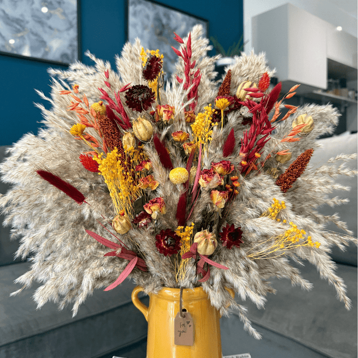 Natalie Dried Flower Arrangement In Orange, Yellow, Red & Burgundy - Pampas Tallo