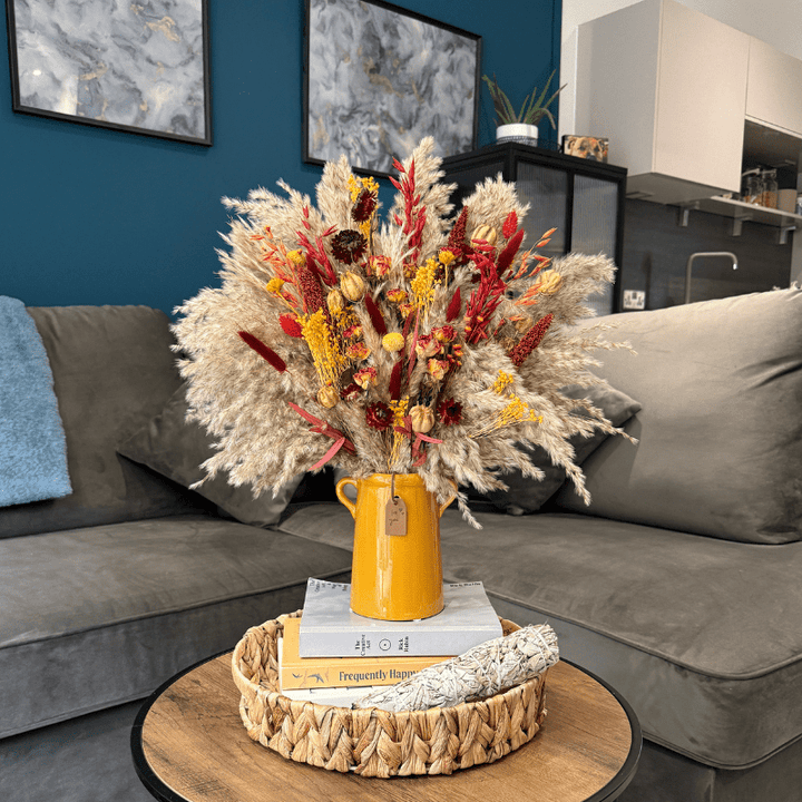 Natalie Dried Flower Arrangement In Orange, Yellow, Red & Burgundy - Pampas Tallo
