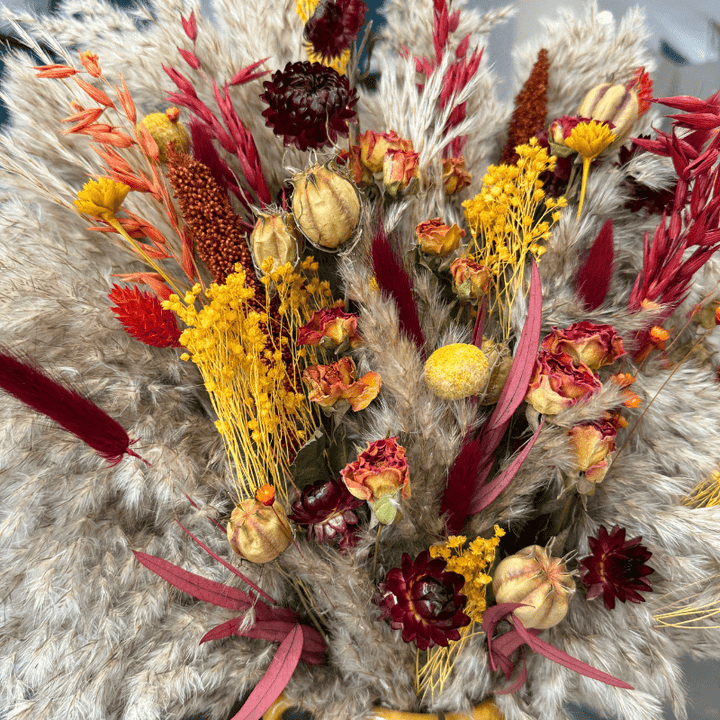 Natalie Dried Flower Arrangement In Orange, Yellow, Red & Burgundy - Pampas Tallo