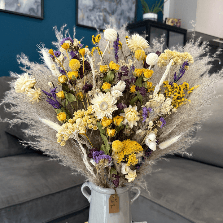 Natasha Dried Flower Arrangement In Natural, Yellow, Purple & White - Pampas Tallo