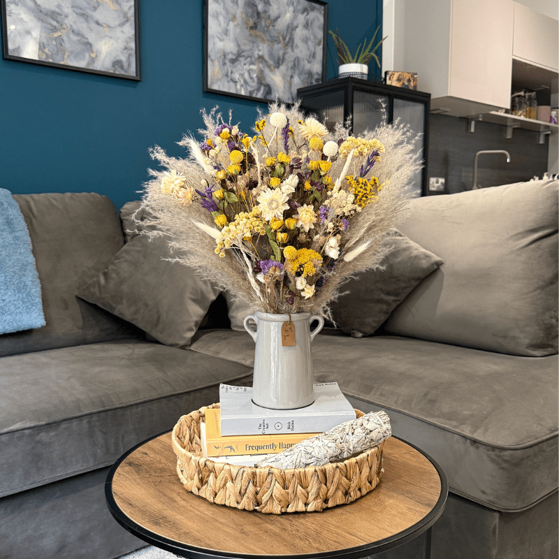 Natasha Dried Flower Arrangement In Natural, Yellow, Purple & White - Pampas Tallo