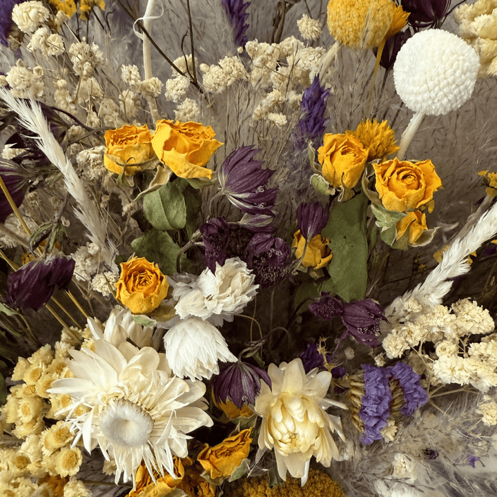 Natasha Dried Flower Arrangement In Natural, Yellow, Purple & White - Pampas Tallo