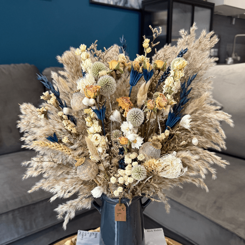 Norma Dried Flower Arrangement In Natural, Cream, Navy & Yellow - Pampas Tallo