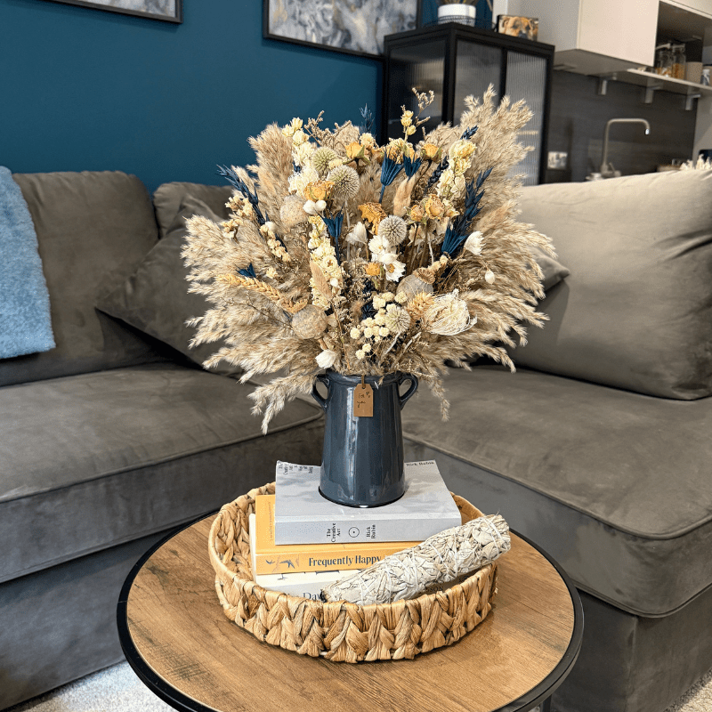 Norma Dried Flower Arrangement In Natural, Cream, Navy & Yellow - Pampas Tallo