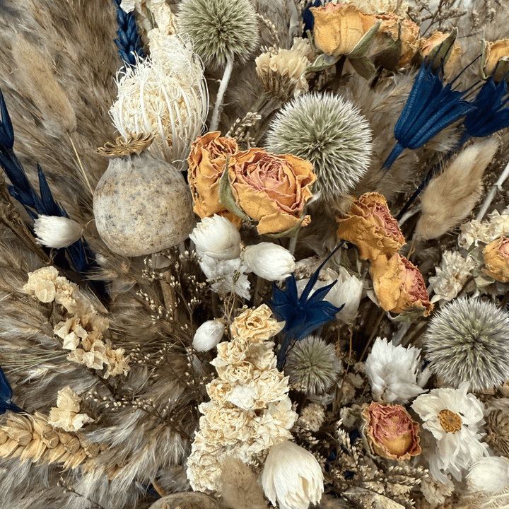 Norma Dried Flower Arrangement In Natural, Cream, Navy & Yellow - Pampas Tallo