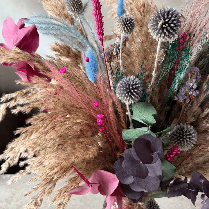 Rebekah Dried Flower Arrangement In Natural, Pink, Blue, Purple & Emerald Green - Pampas Tallo