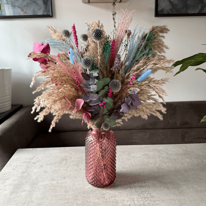 Rebekah Dried Flower Arrangement In Natural, Pink, Blue, Purple & Emerald Green - Pampas Tallo