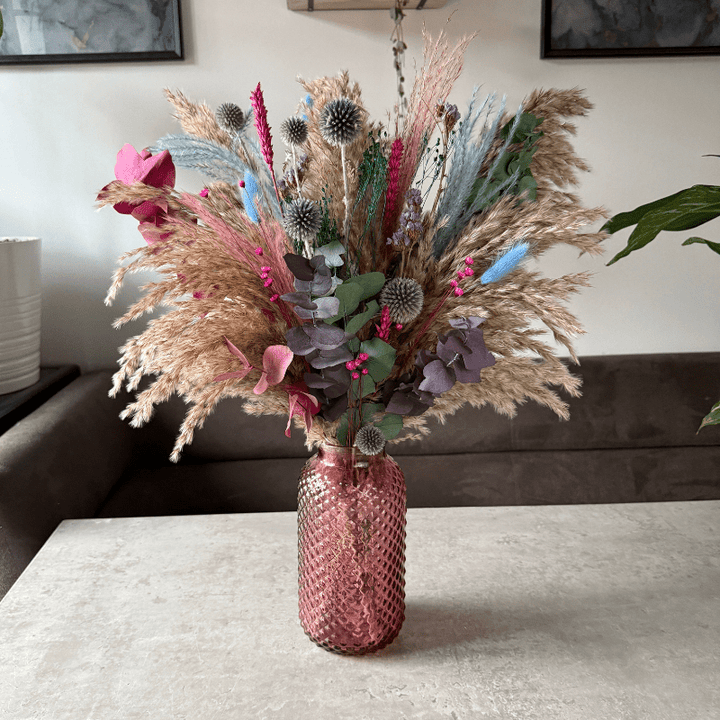 Rebekah Dried Flower Arrangement In Natural, Pink, Blue, Purple & Emerald Green - Pampas Tallo