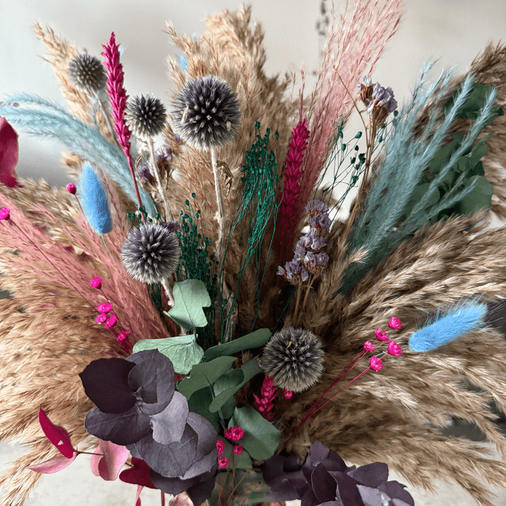 Rebekah Dried Flower Arrangement In Natural, Pink, Blue, Purple & Emerald Green - Pampas Tallo