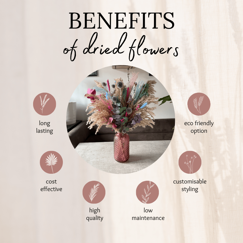 Rebekah Dried Flower Arrangement In Natural, Pink, Blue, Purple & Emerald Green - Pampas Tallo