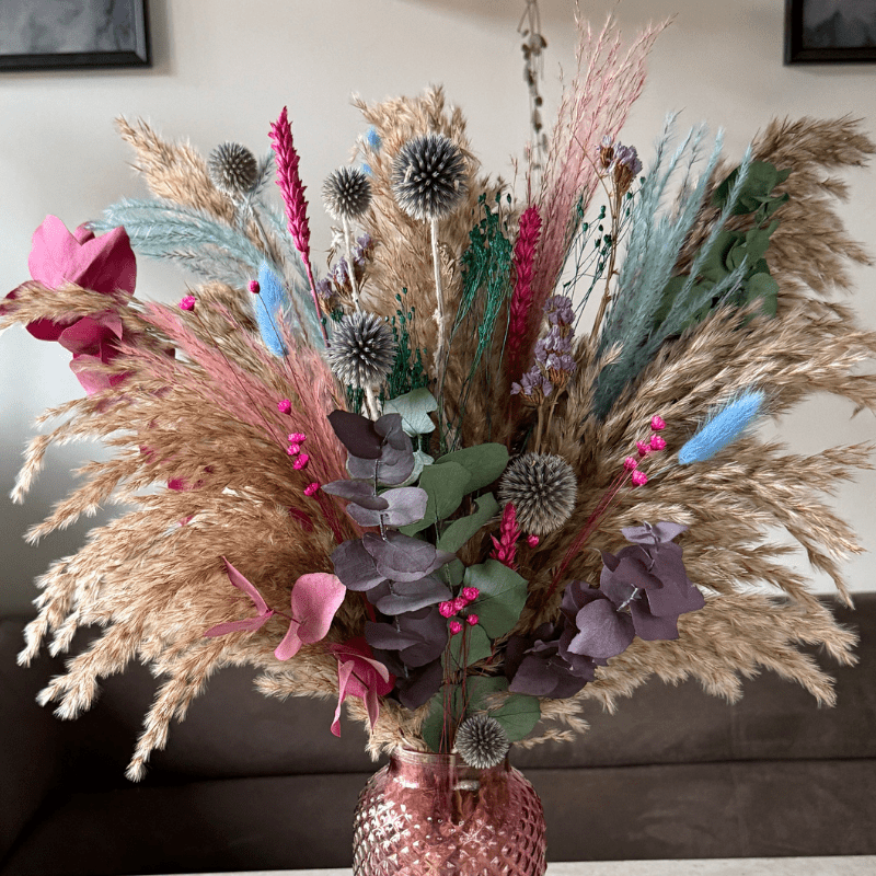 Rebekah Dried Flower Arrangement In Natural, Pink, Blue, Purple & Emerald Green - Pampas Tallo