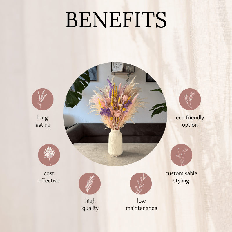 Renesme Dried Flower Arrangement In Cream, Pink, Purple & Yellow - Pampas Tallo