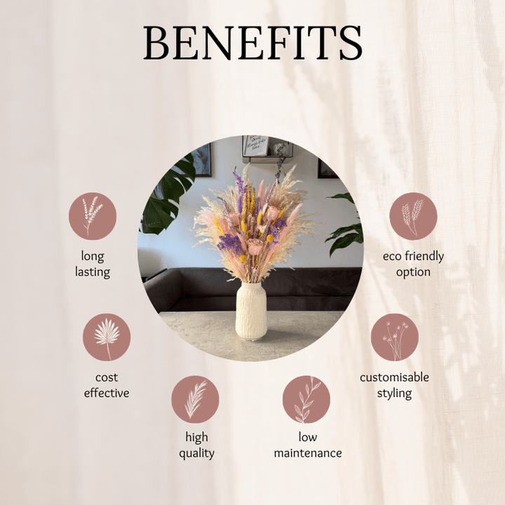 Renesme Dried Flower Arrangement In Cream, Pink, Purple & Yellow - Pampas Tallo