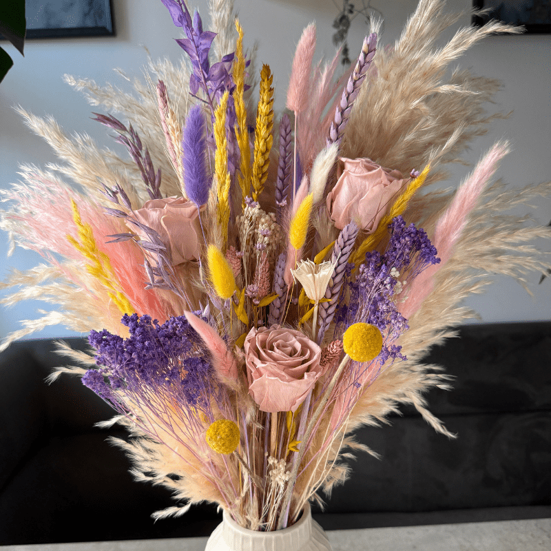 Renesme Dried Flower Arrangement In Cream, Pink, Purple & Yellow - Pampas Tallo