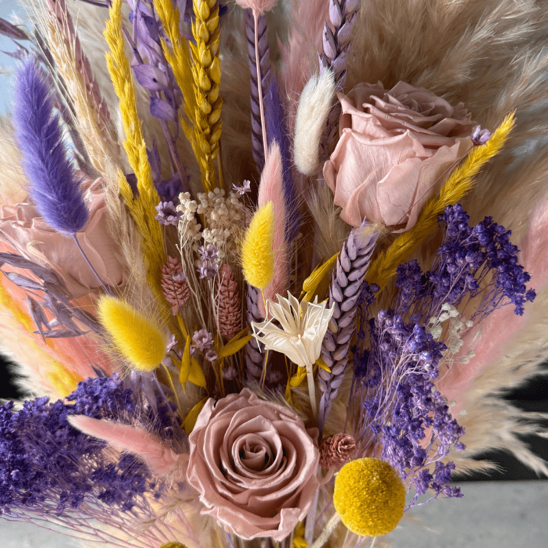 Renesme Dried Flower Arrangement In Cream, Pink, Purple & Yellow - Pampas Tallo