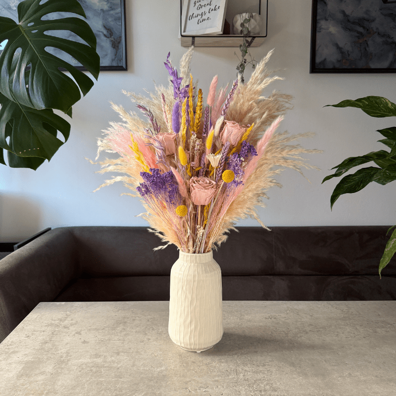 Renesme Dried Flower Arrangement In Cream, Pink, Purple & Yellow - Pampas Tallo