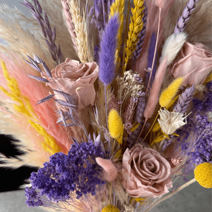 Renesme Dried Flower Arrangement In Cream, Pink, Purple & Yellow - Pampas Tallo