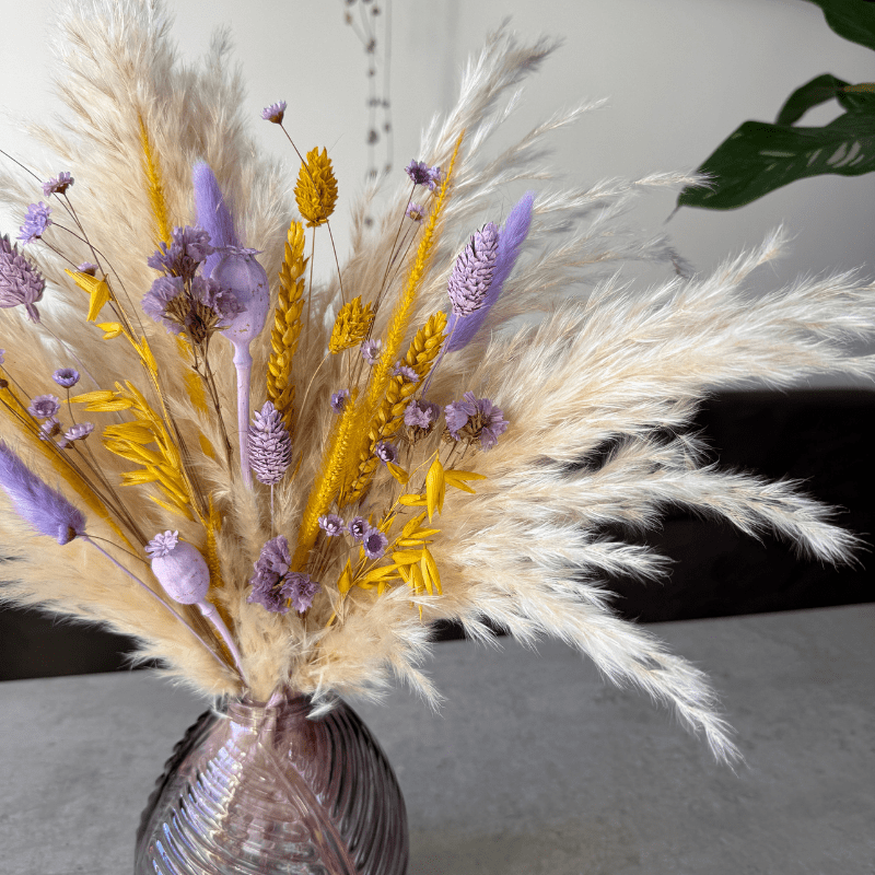 Sana Dried Flower Arrangement In Cream, Yellow & Lilac Purple - Pampas Tallo