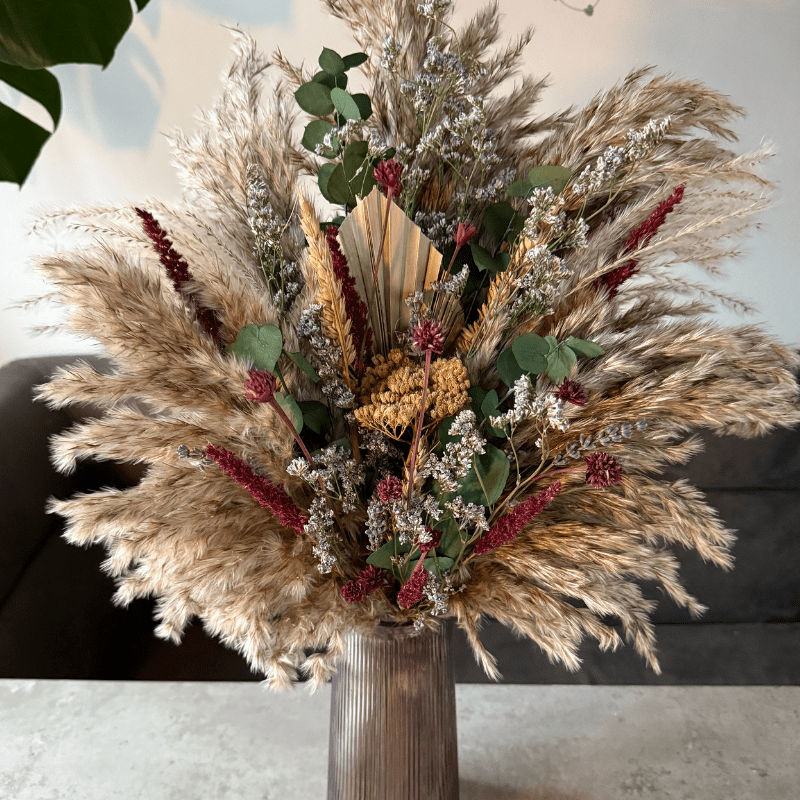 Saran Dried Flower Arrangement In Natural, Berry, Green & Soft Purple - Pampas Tallo