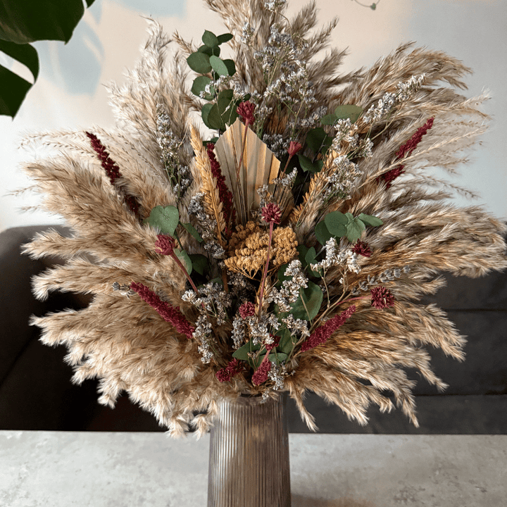 Saran Dried Flower Arrangement In Natural, Berry, Green & Soft Purple - Pampas Tallo