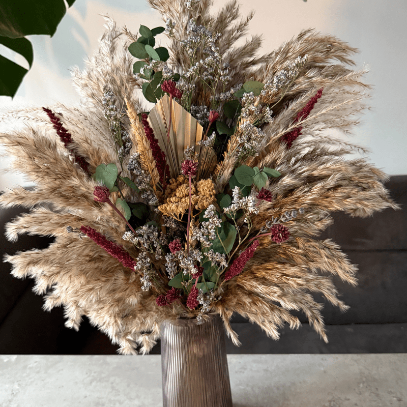 Saran Dried Flower Arrangement In Natural, Berry, Green & Soft Purple - Pampas Tallo