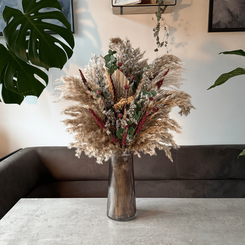 Saran Dried Flower Arrangement In Natural, Berry, Green & Soft Purple - Pampas Tallo