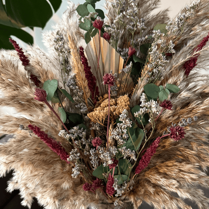 Saran Dried Flower Arrangement In Natural, Berry, Green & Soft Purple - Pampas Tallo